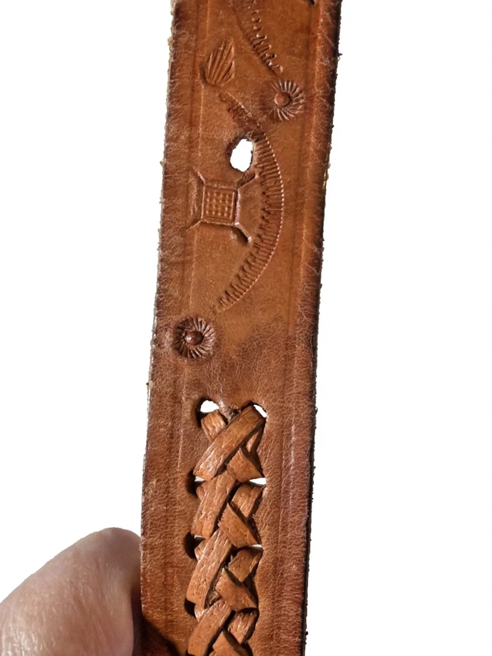 Vintage 1980s Hand-tooled Brown Tan Leather Braided Belt Size 44 Made in Mexico
